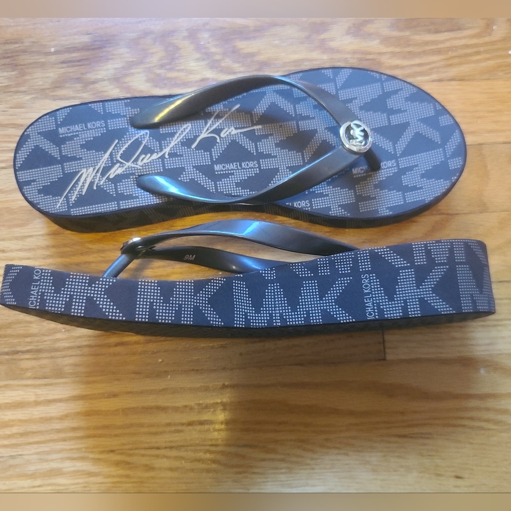 2 for $50 - Michael Kors - Women’s size 9 Brown Logo Wedge Flip Flops - Picture 7 of 11